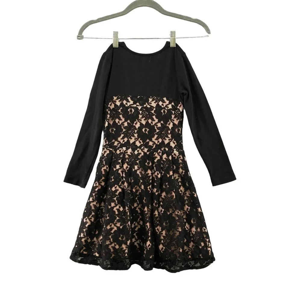 RUUM Kids Girls XS 5/6 Party Dress Lace Layer Black Beige Long Sleeve‎ Fit Flare